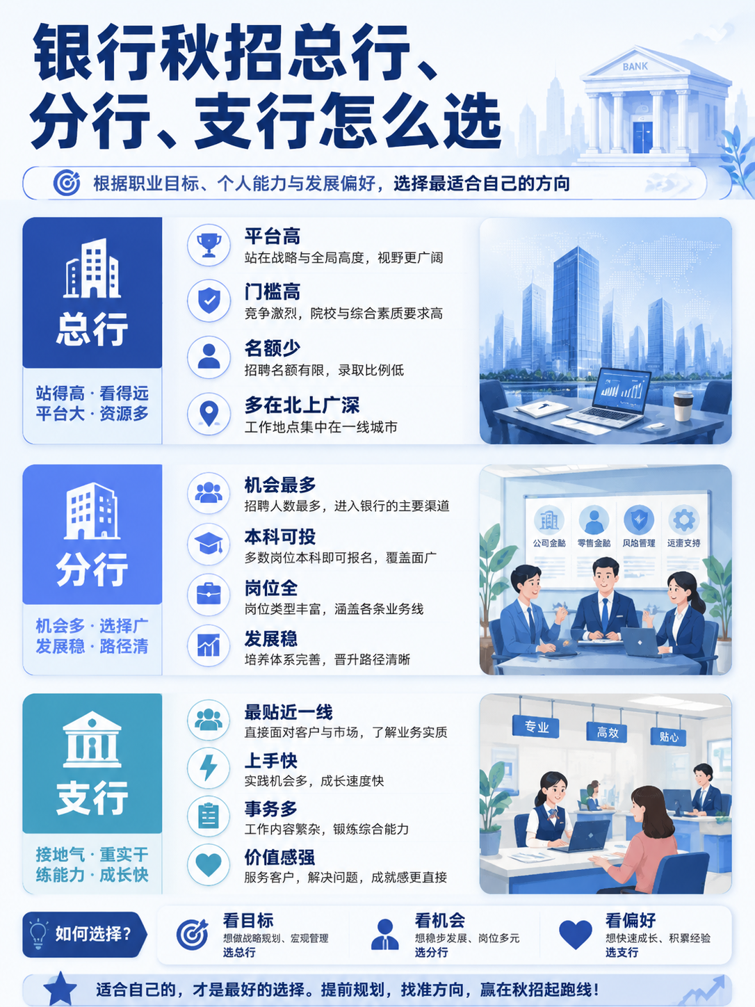 银行秋招总行分行支行选择对比信息图
