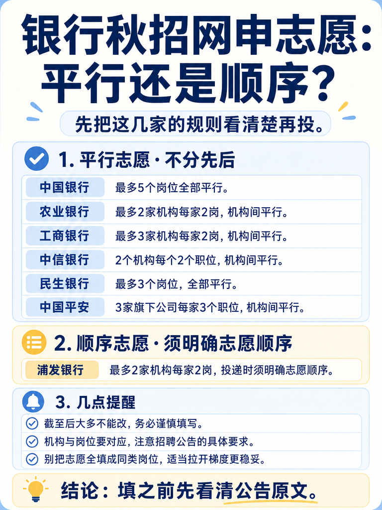 银行秋招网申志愿平行和顺序区别信息图