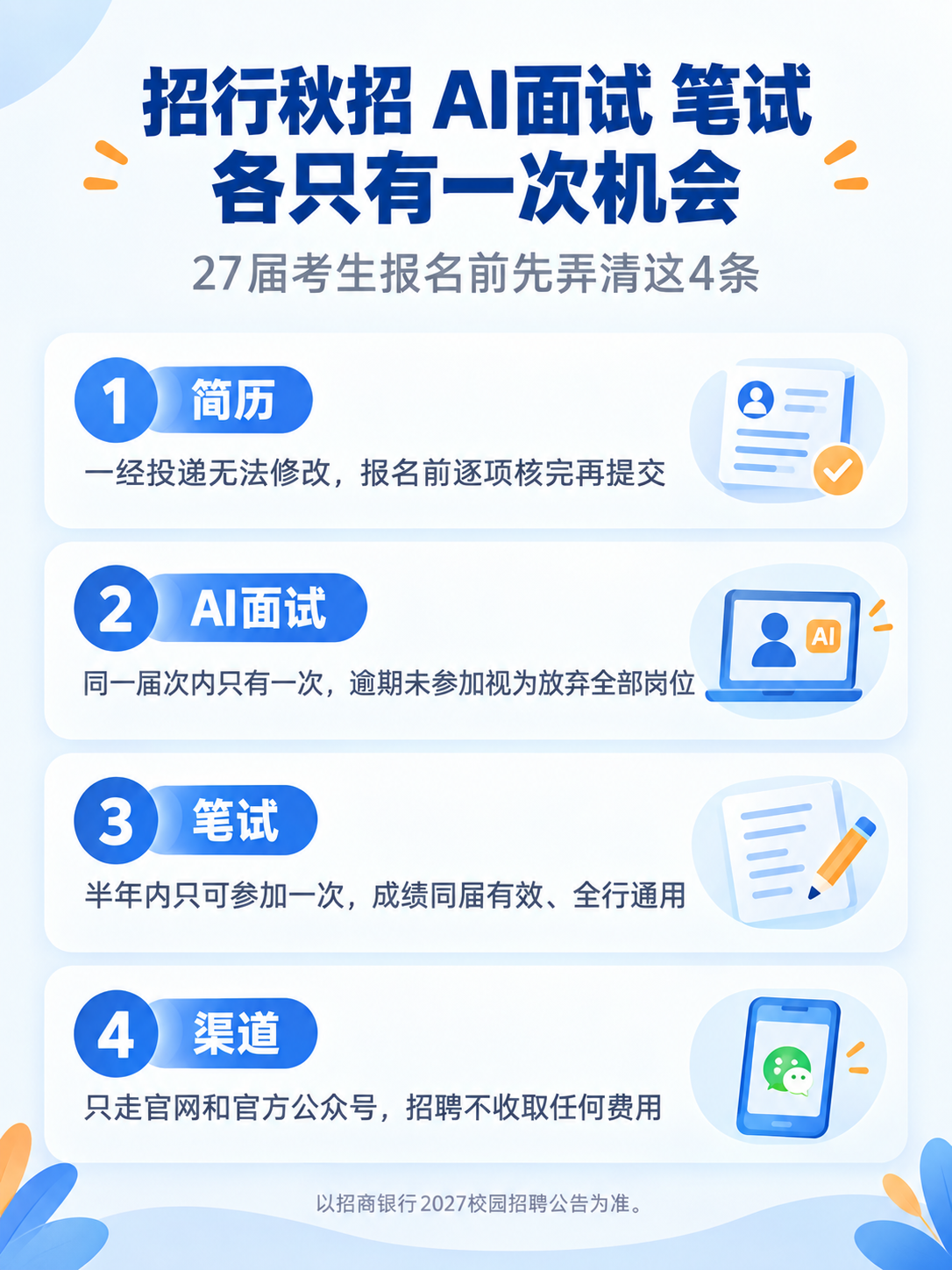 招商银行2027校园招聘:AI面试仅一次、笔试半年一次、简历投递后不可修改