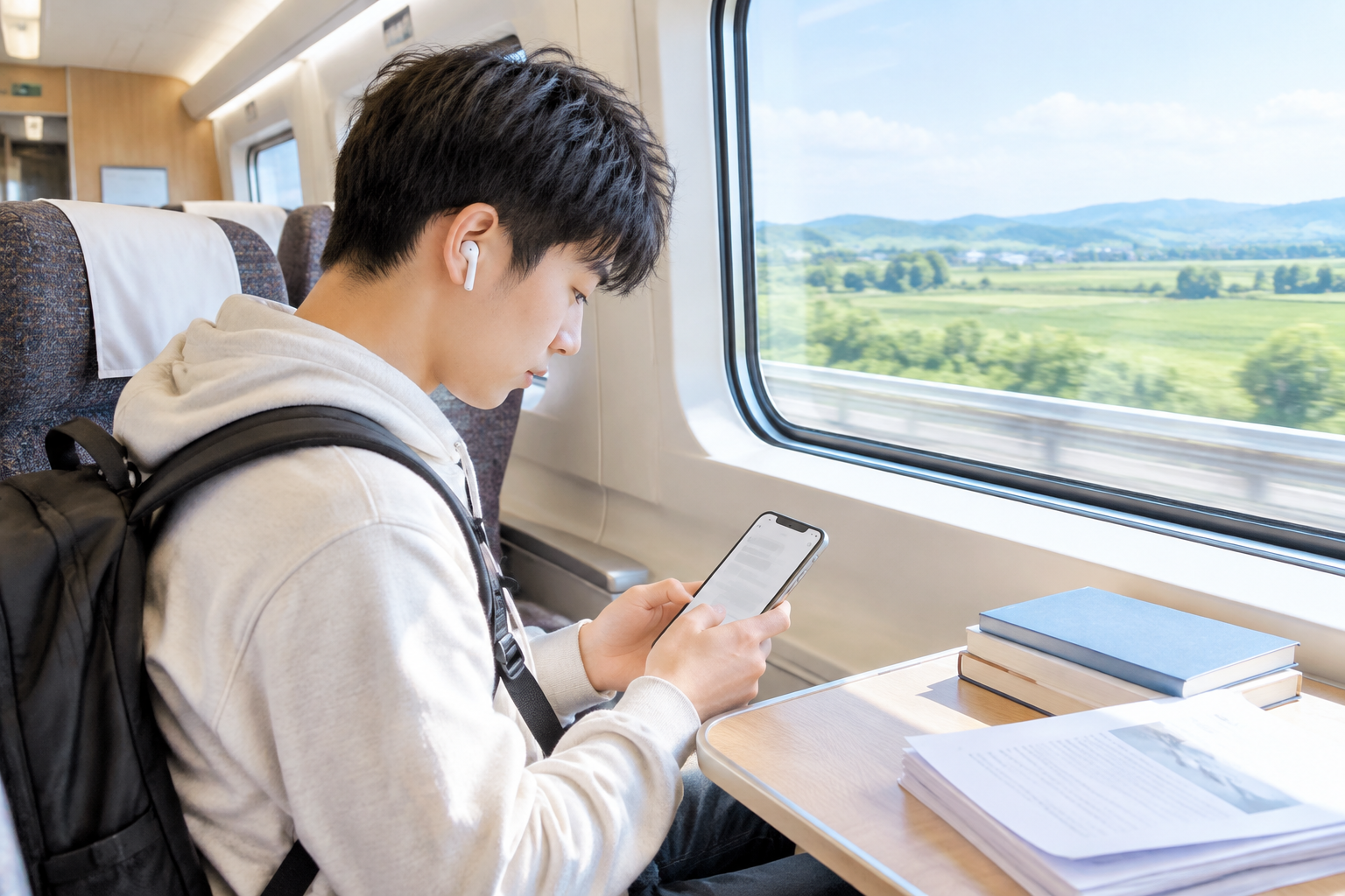 学生在假期出行途中查看手机上招聘消息的场景配图