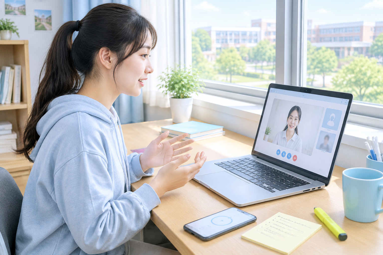 学生对着笔记本电脑做视频面试模拟练习场景图