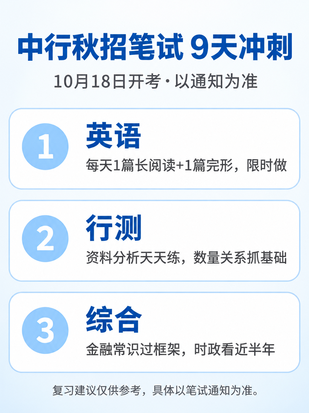 中行秋招笔试9天冲刺:英语、行测、综合三块复习重点