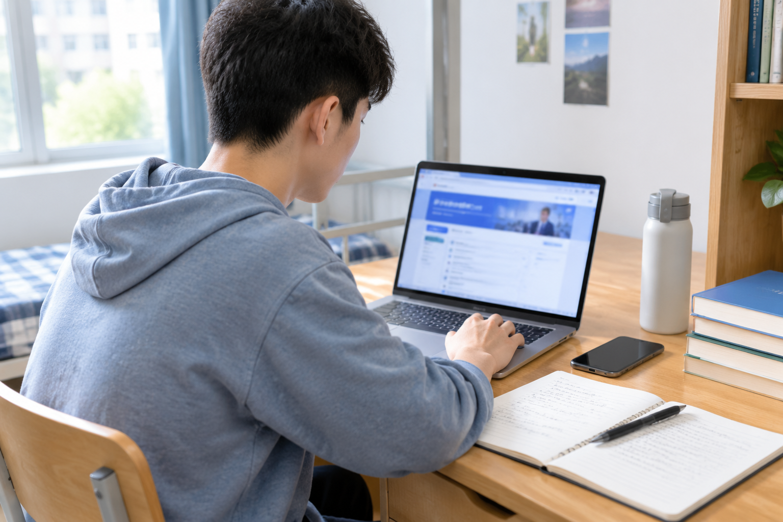 学生在书桌前用电脑核对银行秋招报名信息