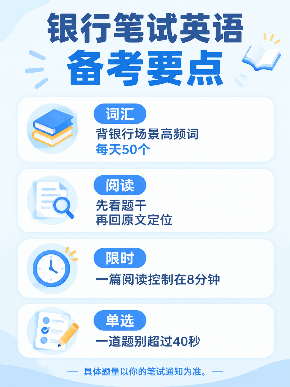 银行笔试英语备考要点:词汇、阅读、限时、单选