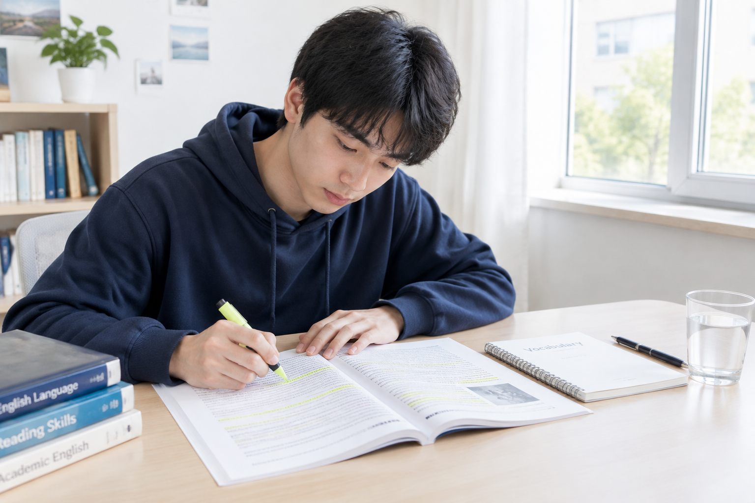 考生在书桌前限时练英语阅读