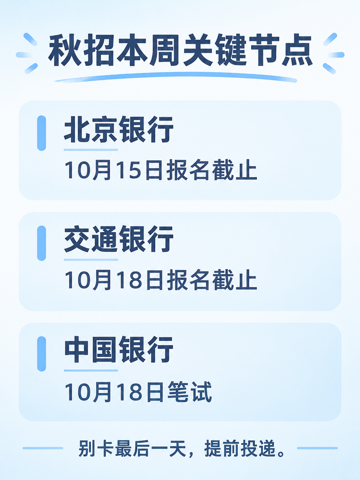 秋招本周关键节点:北京银行10月15日报名截止、交通银行10月18日报名截止、中国银行10月18日笔试