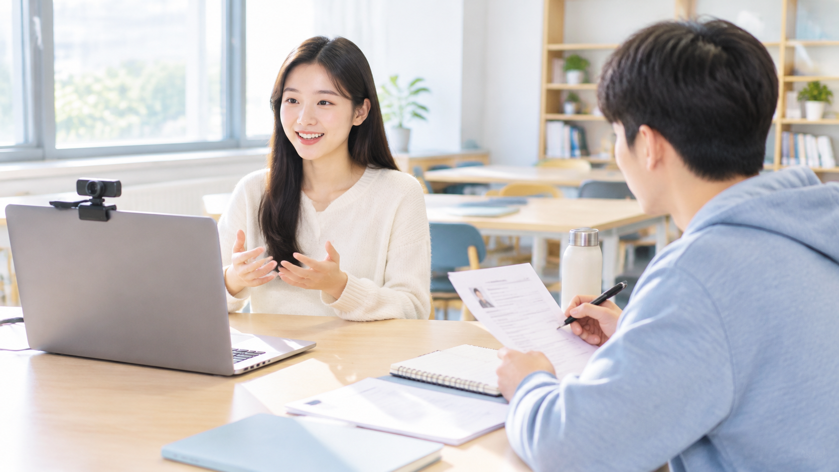 两名大学生在自习室做模拟面试练习