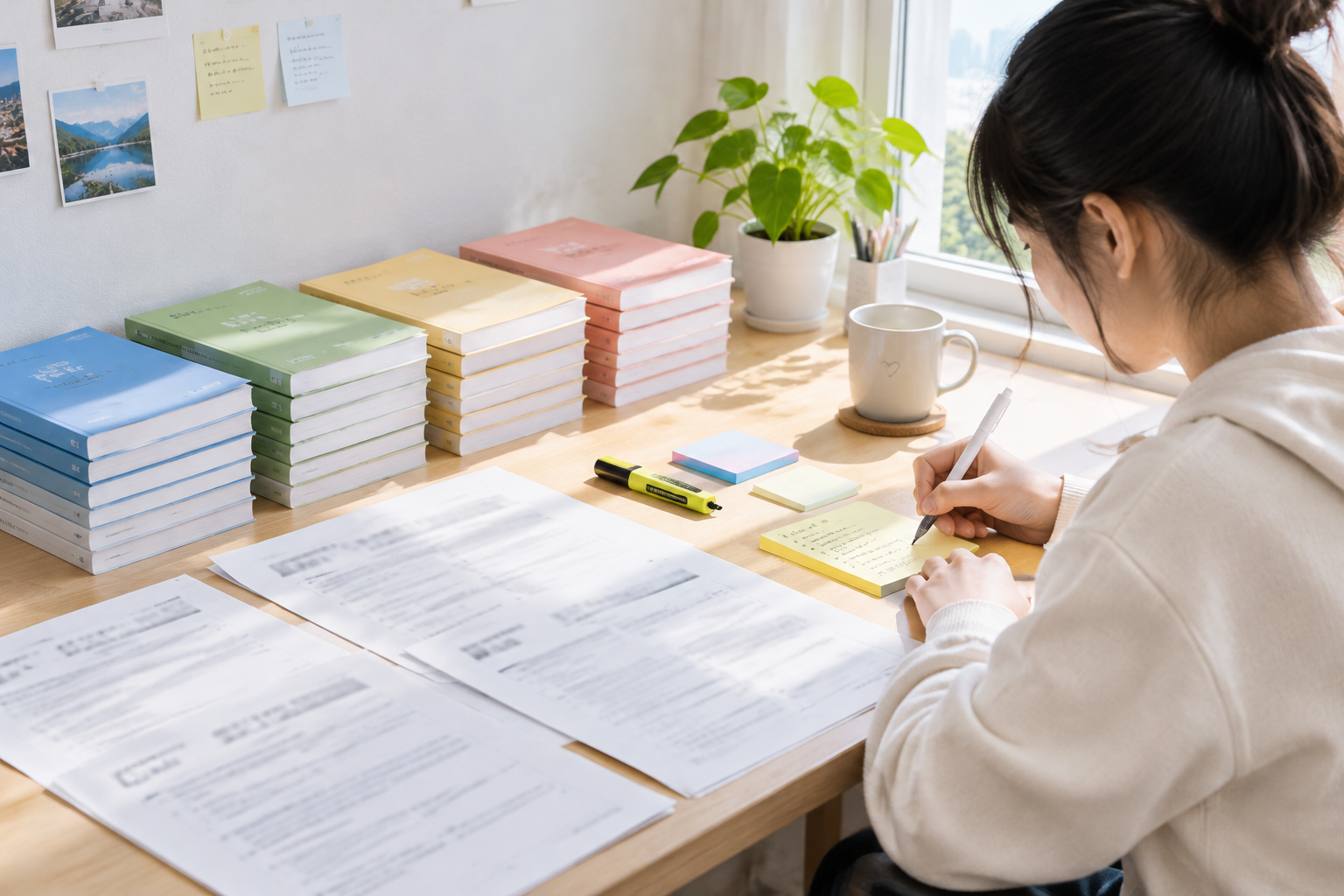 学生对照笔试通知把复习资料按科目分成几摞的场景图