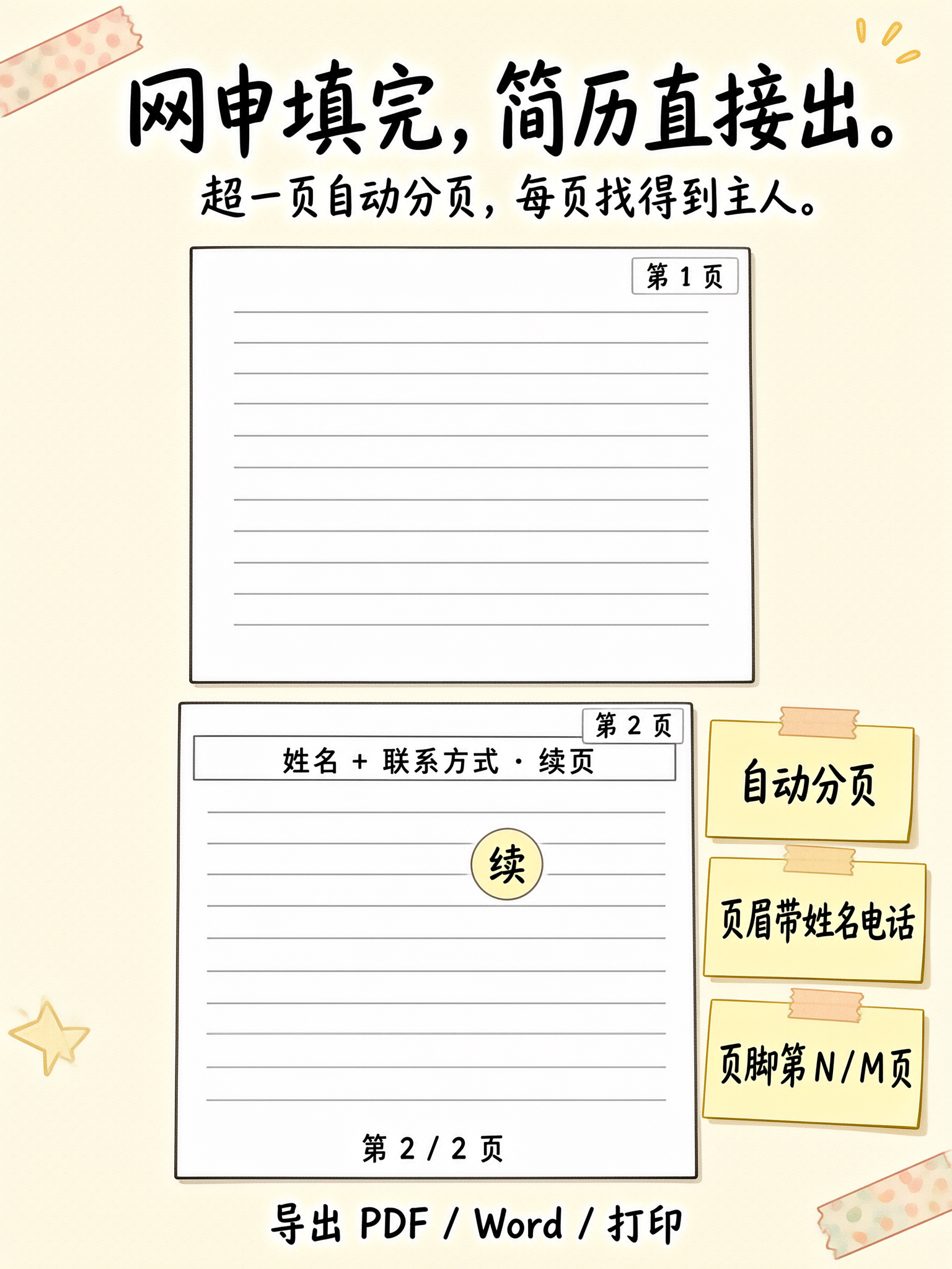 网申材料直接出A4简历,超一页自动分页带页眉页码
