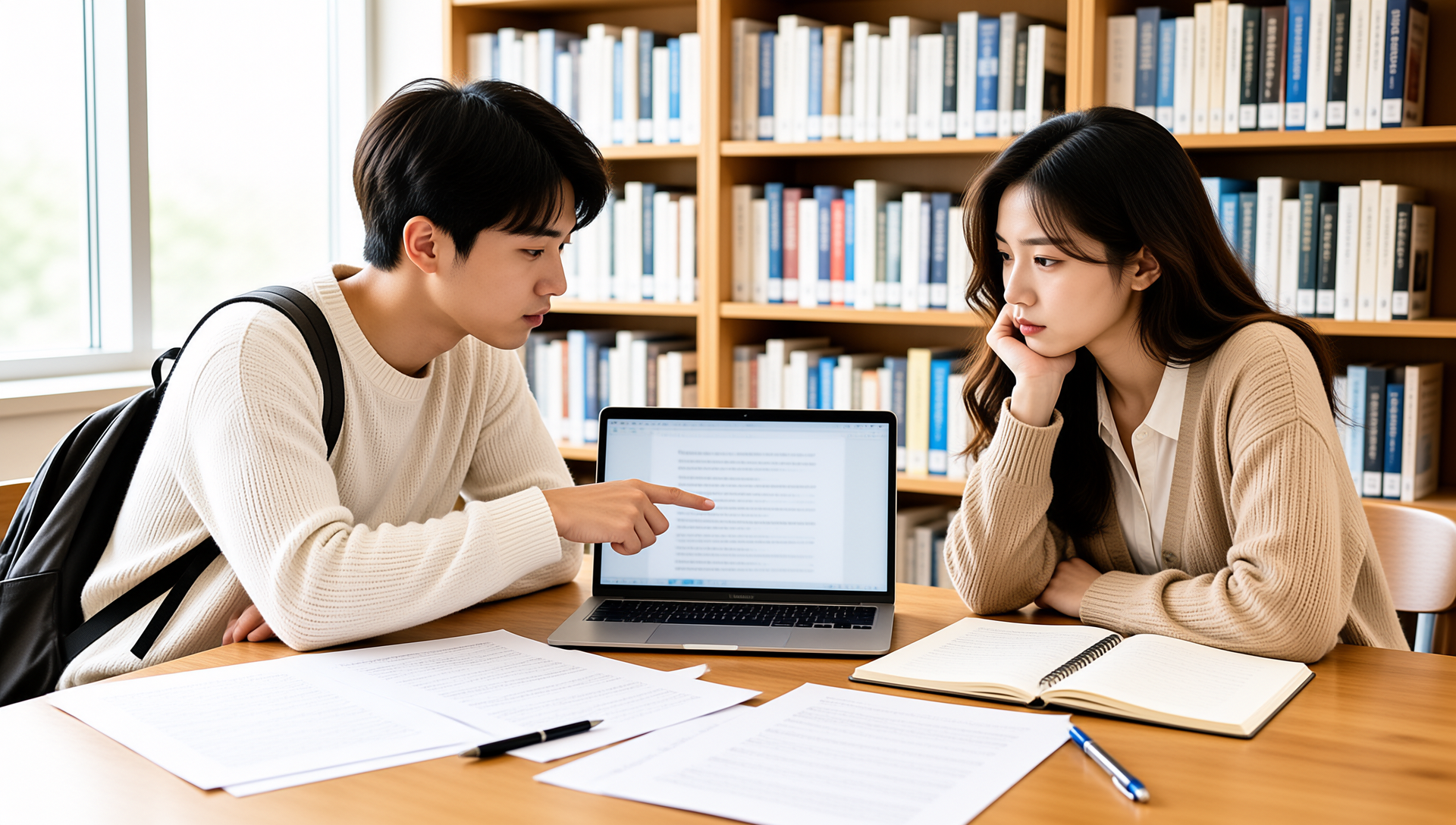 两个学生对照材料逐句讨论怎么改